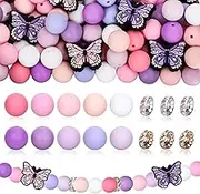 FYSUIMU 146Pcs Butterfly Silicone Focal Beads Pink Purple Round Loose Beads Glass Rhinestone Spacer Beads for DIY Making Bracelet Necklace Lanyard Pen Decor