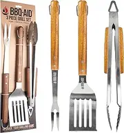 3 Piece BBQ Grilling Accessories Set - BBQ Tongs Spatula Fork Set - Heavy Duty Stainless Steel Barbecue Grill Tools with Solid Hard Wood Handles Great BBQ Gift Set