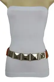 Sexy Women Fashion Orange Belt Hip Waist Gold Metal Square Buckle Pool Party S M