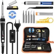 Tabiger Soldering Iron Kit 14-in-1 with Adjustable Temperature 200-450 °C, On/Off Switch, 60 W/220 V Soldering Set with 5 Soldering Tips, Desoldering Pump, Solder, Tweezers, Soldering Station, Carry