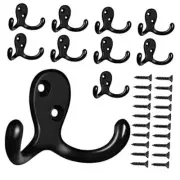 10 Pack Coat Hooks Wall Hooks for Hanging, Heavy Duty Double Prong Black-10pack