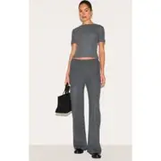 Charcoal Brushed Rib Button Up Detail Straight Leg Pants, Charcoal