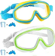 Swim Goggles for Age 3-15, 2 Pack Goggles for Swimming with e Cover, No Leaking, Anti-Fog,