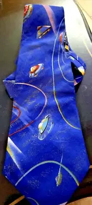 VTG KOOL TEKNO TIEZ FLYING SAUCERS SPACESHIPS BLUE COTTON NECKTIE TIE NWTS*