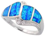 Women Silver Rhodium Plated Simulated Opal Inlay Ring CZ stone Accents 14mm