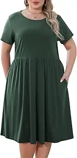 [Nemidor] Women's Round Neck Summer Casual Plus Size Fit and Flare Midi Dress with Pocket (28, Army Green)