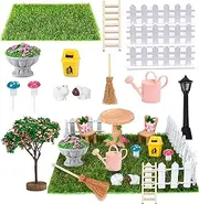Golgner Pack of 18 Miniature Garden Accessories, Miniature Garden Decoration, Miniature Dollhouse Set Garden, Mini Garden Furniture Decoration with Artificial Grass, Fence, Tree, for DIY, Fairy Garden