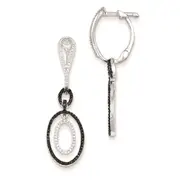 Sterling Silver Black and White Diamond Oval Hinged Hoop Earrings