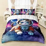 AILONEN Astronaut Cat Duvet Cover Set Queen Size, Gorgeous Starry Cosmic Bedding Set for Bedroom,Outer Space Explorer Kitty Comforter Cover All Seasons,1 Duvet Cover 2 Pillowcases,3-Piece