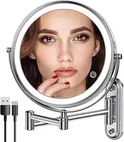 Rechargeable Wall Mounted Makeup Mirror with Lights,8 Inch Double-Sided LED Vanity Mirror 1X/10X Magnification,3 Color Lighting Dimmable Touch Screen 13 Inch Retractable (Chrome)