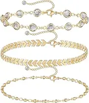 [WOOVEEWIND] Gold Ankle Bracelets for Women,14K Gold Anklets for Women Waterproof Cuban Link Heart Beads Herringbone Rhinestone Anklets Set Layered Anklet Bracelets for Women Gold Jewelry Gift