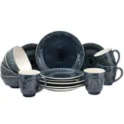 Elama Petra 16 pc Blue White Embossed Stoneware Dinnerware Set