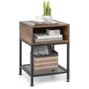 Costway Retro End Bedside Table Nightstand w/ Mesh Shelf & Storage Cube Sofa Coffee Table Living Bedroom