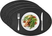 Placemats Faux Leather Oval Table Mats Set of 4, Heat-Resistant Waterproof Non-Slip Washable Mats for Kitchen Dinning Table, PU Table Mats (Black)