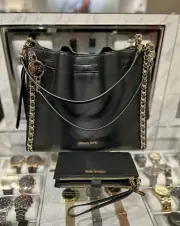 Michael Kors Mina Large Belted Chain Shoulder Bag + Double Zip Wallet (Black)
