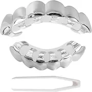 Milisten Silver Hip Hop Vampire Teeth Grills Top and Bottom Face Mouth Vampire Fangs for Your Teeth Hip Hop Jewelry Party Favors