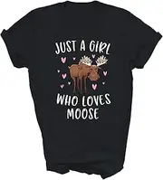 [MIRABOZZI] Cute Moose for Girls Just A Girl Who Loves Moose Gift Unisex Shirt Women Men T-Shirt (Black;XL)