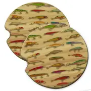 Many Fishing Lures Wood Car Coaster Gift Set fit Car & Truck Cup Holder
