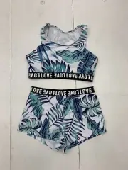 Shein Girls White Leaf Print Swim Suit Size Small