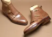 Handmade Men's Brown Leather Triple Monk Strap Buckle Ankle High Formal Boots