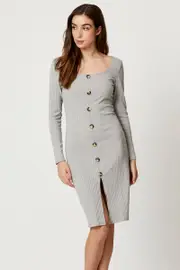 Grey Rib Button Front Dress - Size 14, Women's F Bodycon Dress