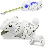 OSQI Interactive Remote Control Chameleon Simulation Toy for Kids - 2.4GHz RC Reptile with 5 Sound Effects, 12 Color Lights, Extending Tongue & Wagging Tail, Children Aged 3-12 Discovery Toys (White)