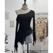 Long-Sleeve Off-Shoulder Asymmetrical Ruffle Hem Mesh Slim Fit Crop Top Plain - Black - One Size