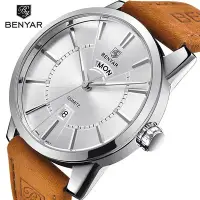 在飛比找Yahoo!奇摩拍賣優惠-百搭手錶 Benyar時尚爆款男士手錶男真皮錶帶潮日歷石英錶