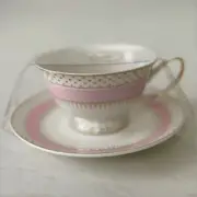 Grace Teaware Pink Stripe with Gold Dots /Gold Trim Tea Cup and Saucer Set Of 4