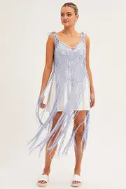 Blue Crochet Beach Pullover Dress Cover Up - Size ONE, Women's Lingerie