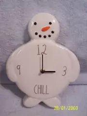 Rae Dunn Snowman Ceramic Clock Approx. 9" X 11" Gold Numbers & Gold Chill