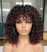 PRETTIEST 14 Inch Curly Afro Wig for Women Short Afro Kinky Hair Wig with Fringe Synthetic Heat Resistant Full Wig (Ombre Red)