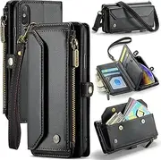 ELEPIK for iPhone X/XS Case, Adjustable Crossbody Wallet Case with Card Holder, Kickstand, [RFID Blocking] [Crossbody & Wrist Strap] Durable PU Leather Magnetic Phone Case, Black