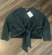 Zara Women Long Sleeve Green Blouse Front Tie Medium New NWT