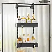 Orimade Over The Door Shower Caddy Height-Adjustable, Sturdy Bathroom Hanging Organizer Shelf Rustproof with 4 Hooks, Shower Basket Storage Rack with Suction Cups 2 Tier, Black