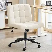 Furnimart Swivel Criss Cross Legged Chair with Wheels for Home Office, Wide Armless Desk Chair Height Adjustable Comfy Seat for Desk,Vanity, Bedroom, Faux Fur White