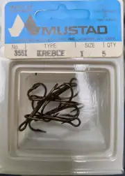 5 Pack Vintage Mustad Classic Treble Hooks 3551 Fishing Hook Size 1