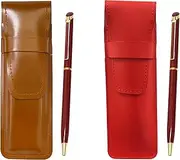 Slim Cowhide Leather Pen Case Red Brown Set Epoxy Rotating Ballpoint Pen Red ASCR-WD002-R