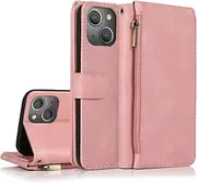 GoshukunTech for iPhone 13 mini Case,for iPhone 13 mini Wallet Case[ 8 Card Slots & 1 Zipper Coin Purse] Leather Wallet Flip Cover with Wrist Starp-Pink