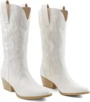 [Zzheels] Women Mid-calf Cowboy Boots Pointy Toe Boots Embroidered Western Cowgirl Boots Chunky Heels