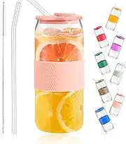 Heatunk 20oz Glass Tumbler with Silicone Lid and Sleeve - Reusable Iced Coffee Cup, Travel Water Bottle, Smoothie and Hot Tea Mug - Soda Can Design - Pink