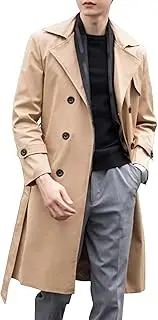 [Qolkmuiy-GJ] Men's Lapel Long Sleeve Windbreaker Jacket Double Breasted Belted Length Coat Slim Fit Fall Winter Topcoat