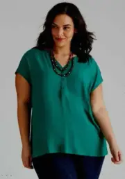 Autograph Top Plus Size 24 Shirt Short/Cap Sleeve Button Front Green Viscose NEW