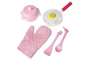 Fun Factory Wooden Pretend Play Toys - Pink Kitchen Cooking Set 7pc