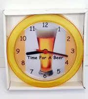 Brand New Time For A Beer 7" Gold Novelty Wall/Desk Clock For Mancave Or Bar