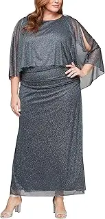 [S.L. Fashions] Women's Long Glitter Mesh Capelet Gown with Side Slit, Wedding Guest, Formal Dress (Plus Size)
