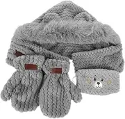 [HORIALENCE] 1 Set Bear Ear Hat Scarf Gloves Mask for Women Hooded Cap Windproof Cycling Gloves Stylish and Warm Glove and Mask for Outdoor Sports Grey