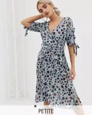 Lost Ink Petite Midi Dress With Tie Sleeves In Spot Leopard Print
