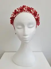 Miss Sienna. Womens red and ivory pearl and crystal beaded headband fascinator