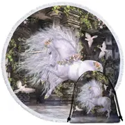 Noble and Graceful White Horse and Doves Round Beach Towel